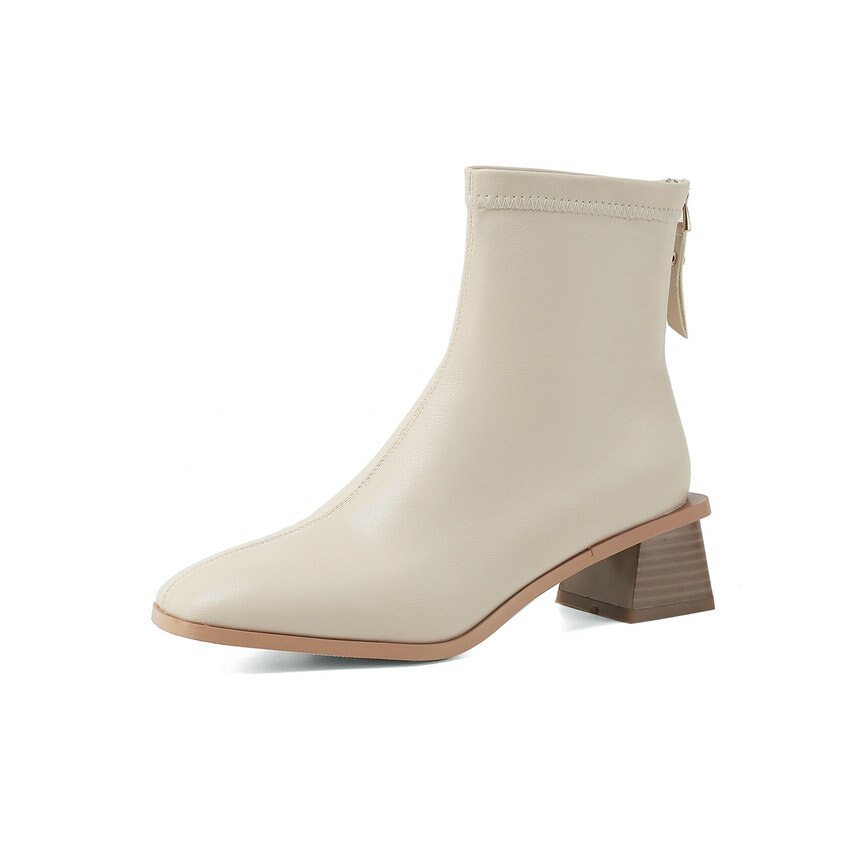Qutaa herfst winter enkellaarsjes vierkante hak rits damesschoenen vierkante neus pu leer beknopte korte laarzen grote maat 34-43: Beige / 3