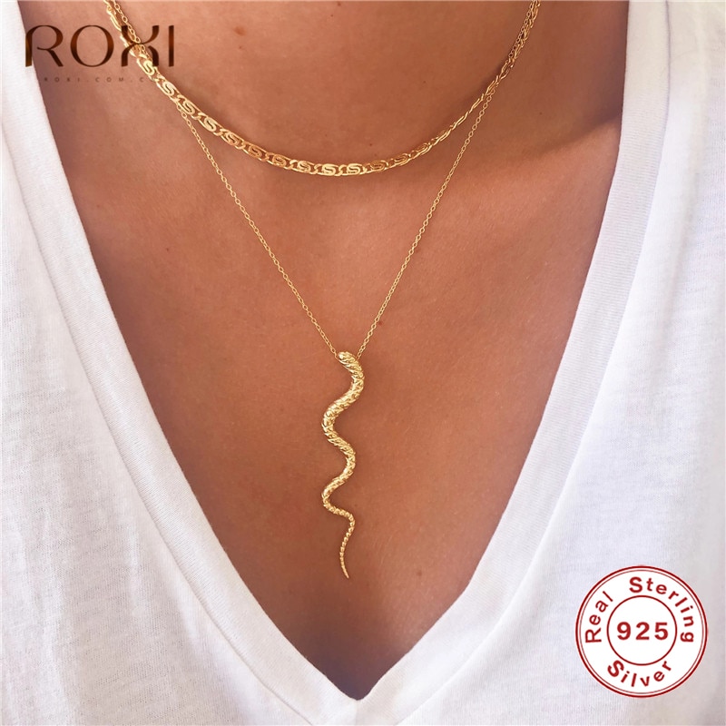 ROXI Genuine 925 Sterling Silve Snake Pendant Necklace Women Punk Style Charm Gold Choker Necklace Long Statement Jewelry