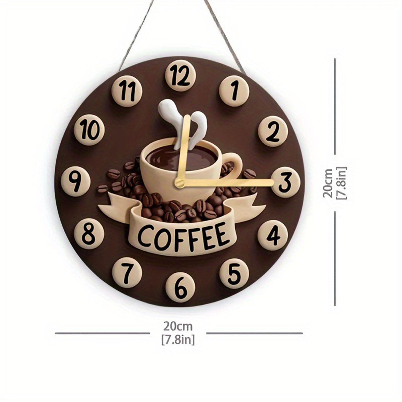 2D Coffee Cup Clock Simple Silent Hanging Ornament Wooden Wall Clock for Farmhouse Home Kitchen Home Cafe Decoration