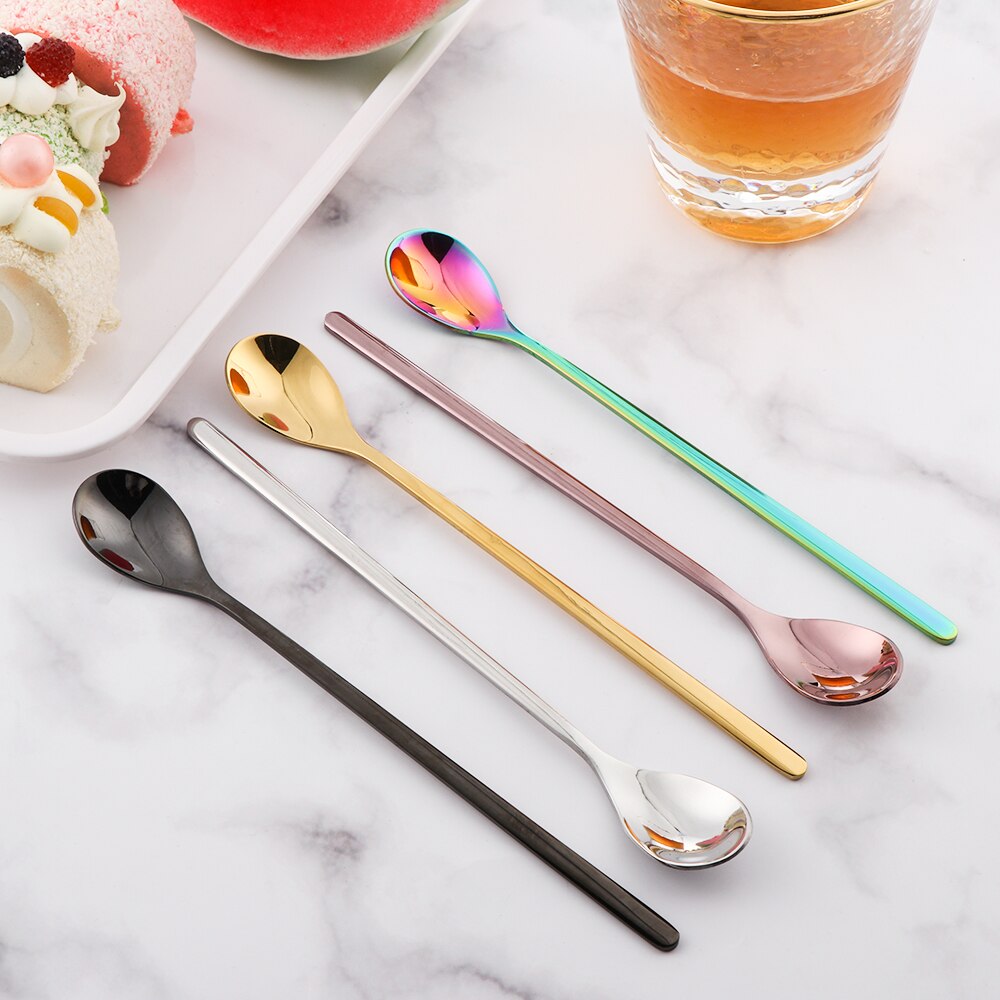 1pc kök rostfritt stål rund spade kaffesked långt handtag omrörning skopa dessert bestick mjölk te café