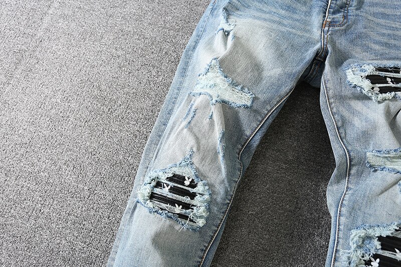 Pantalones vaqueros desgastados para hombre, Jeans desgastados de cuero negro y azul, AM, novedad