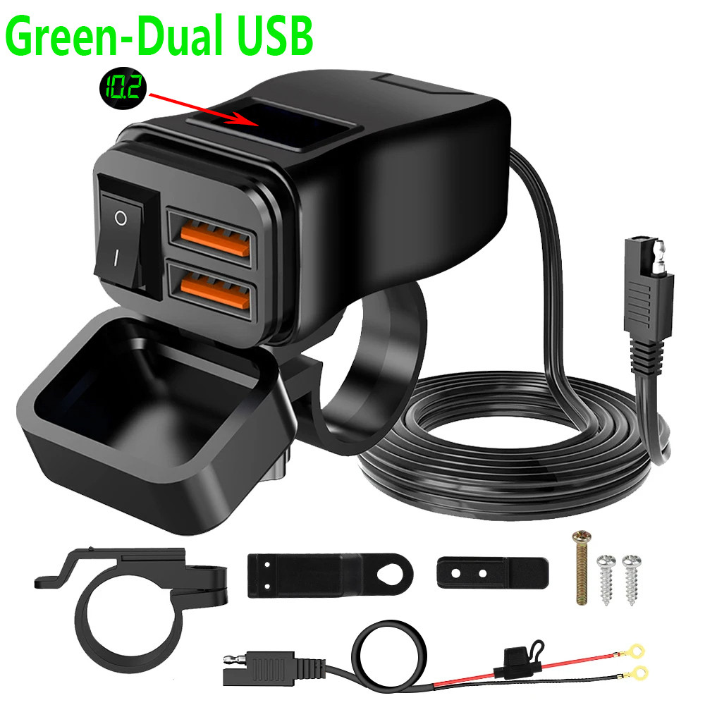 PD+QC3.0 Motorcycle USB Fast Charger 60W Handlebar Dual USB Socket with Switch Voltmeter Waterproof 12V Power Supply Adapter: black