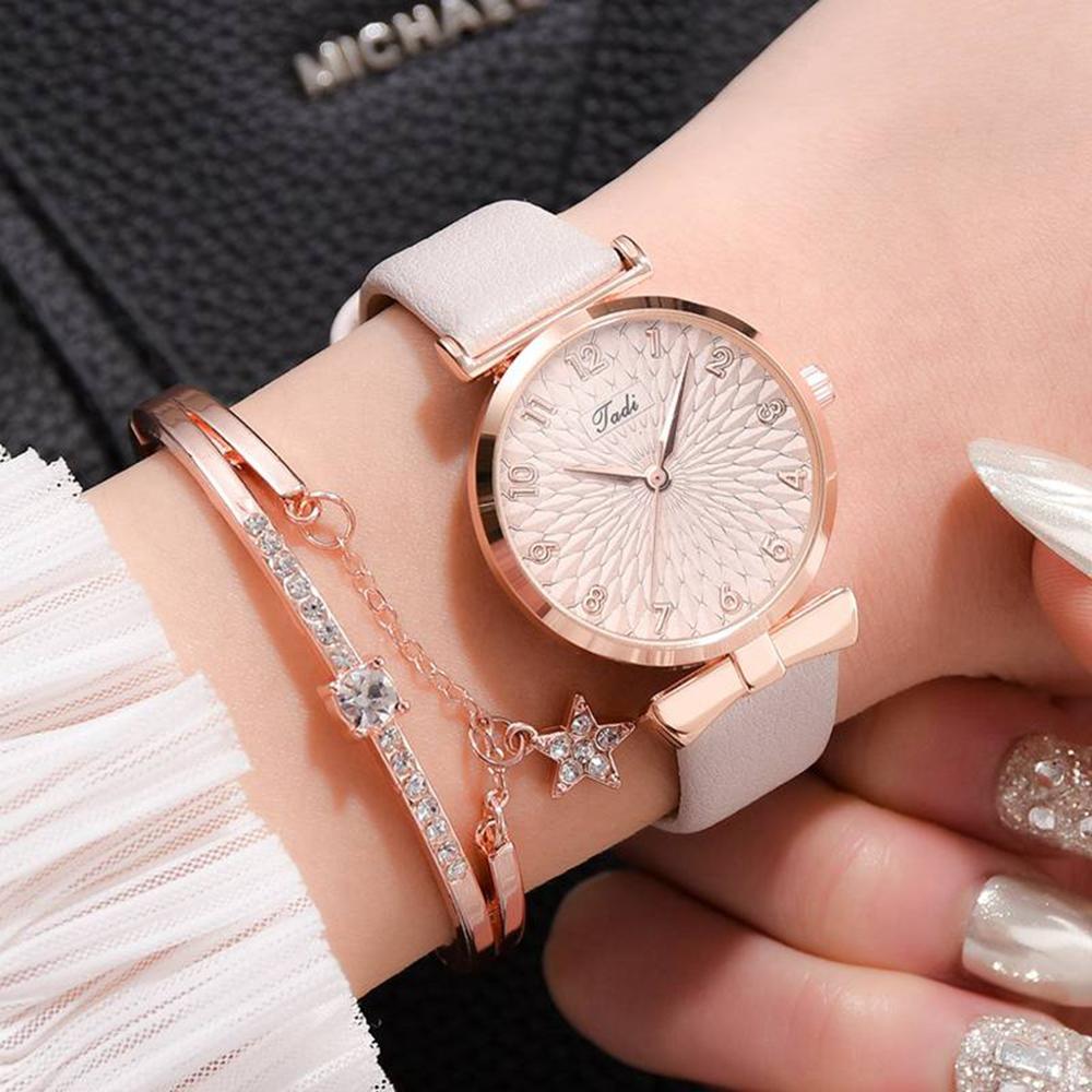 Vrouwen Horloges Armband Set Bloemen Dames Armband Horloge Casual Lederen Quartz Horloge 2 Stuks Set Klok Relogio Feminino