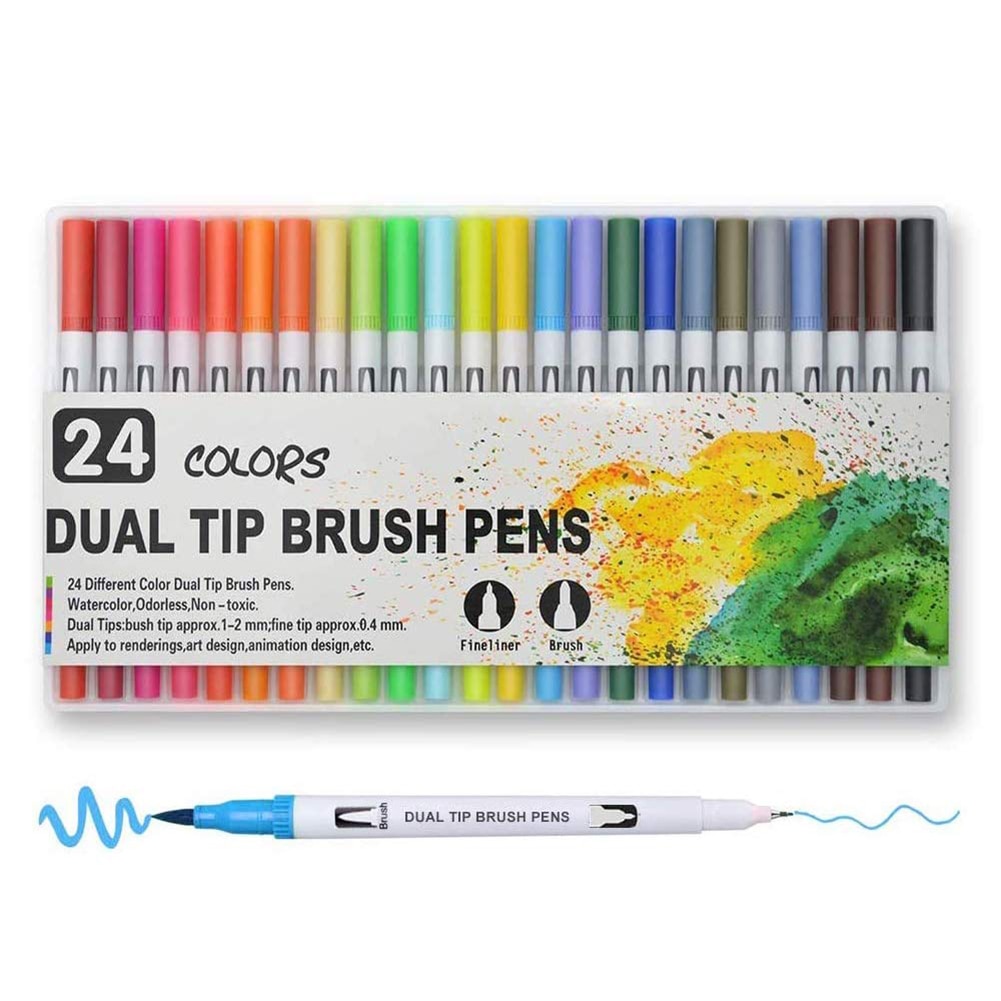 24 Colors Dual Tip Brush Marker Pens Art Watercolor Fineliner Drawing Painting Stationery For Coloring Manga School Supplies: 24 colors White
