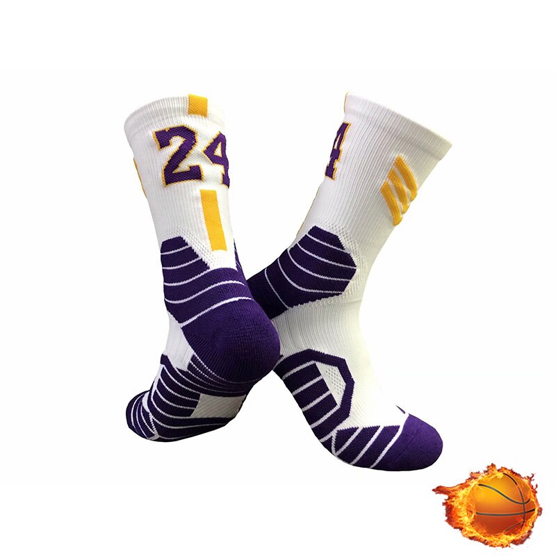 QIWN Super Star number Basketball Socks Sports Training Socks Non-slip Skateboard Durable Towel Bottom Socks: NO.24-White