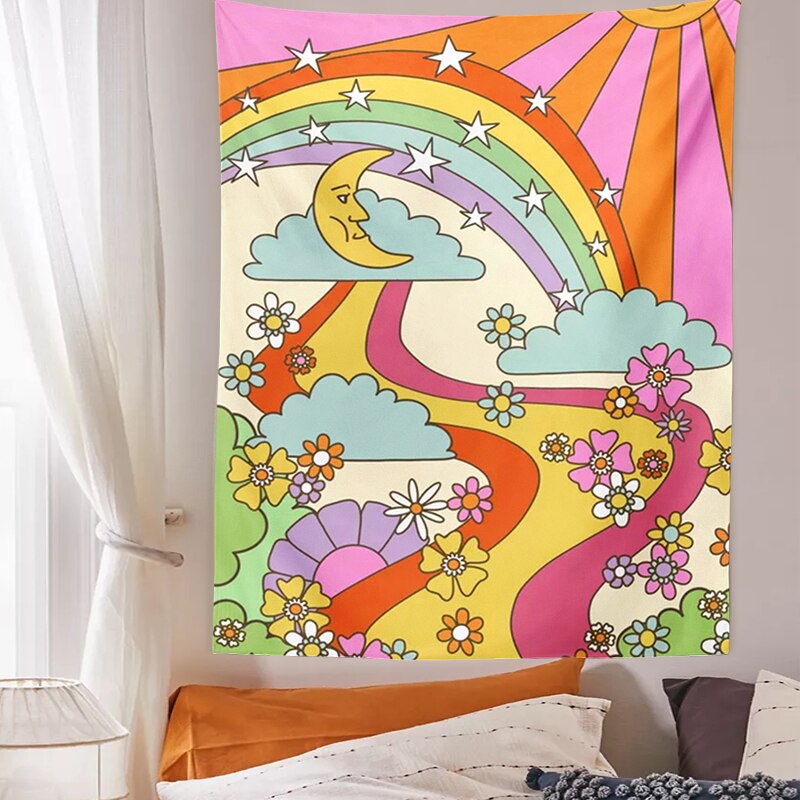 Tenture murale rétro arc-en-ciel 70s 60s, tapisserie Vintage psychédélique, trébuchant soleil lune INS Trippy, décoration murale Hippie