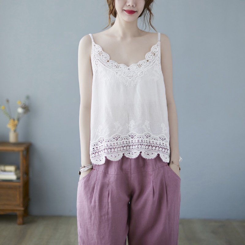 Summer Spaghetti Strap Tops Women Sleeveless V-Neck Floral Embroidery Casual Cotton Linen Tank Top Chinese Shirt Femme KK4455: 5