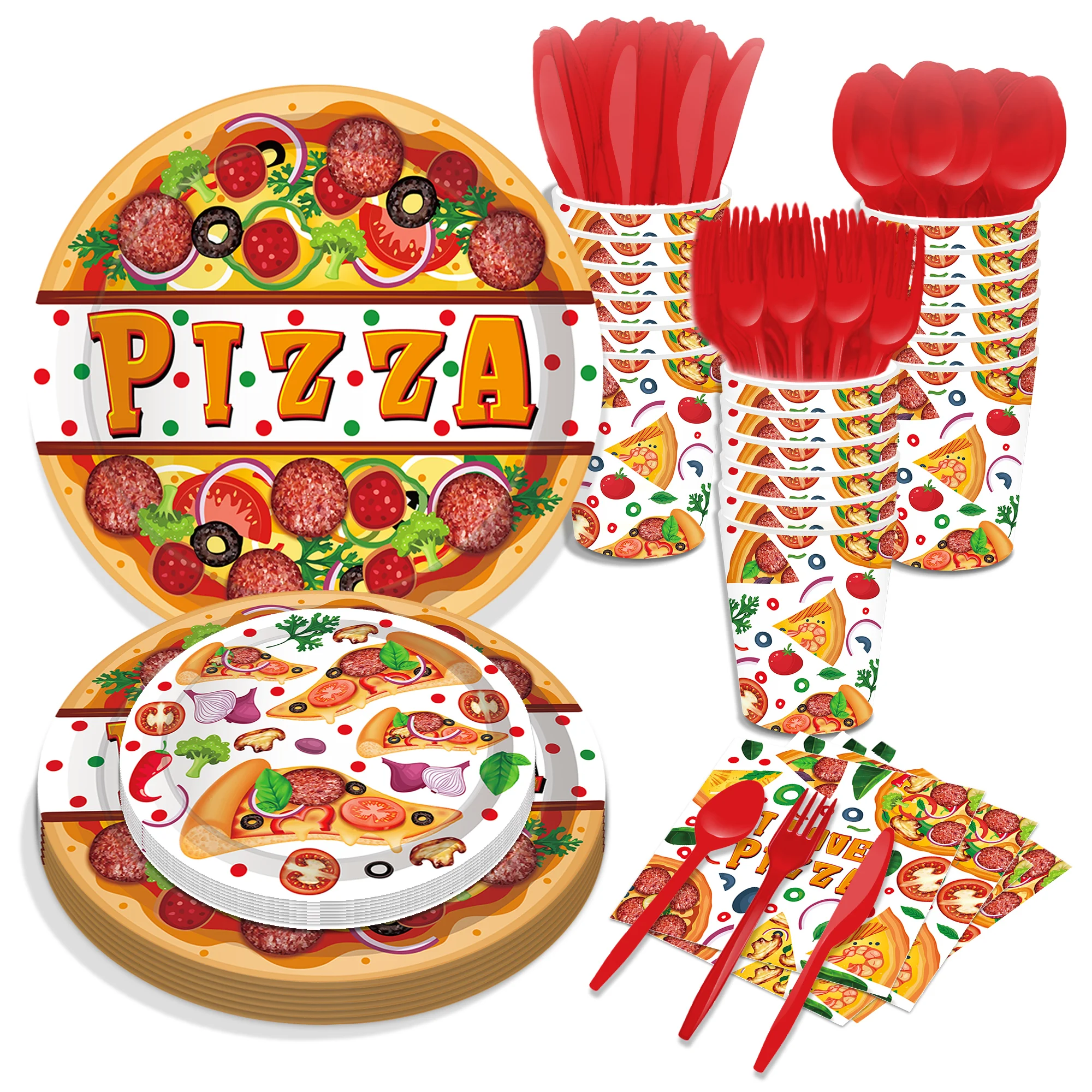 Cartoon Pizza Food Party Wegwerpservies Sets Verjaardag Barbecue Camping Borden Kopjes Servetten Baby Shower Party Picknick Decor