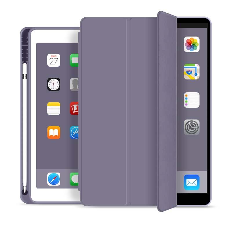 Fodral för ipad 7th generation smart skal med pennhållare för ipad 7 slim hopfällbart ställ silikonfodral för ipad 10.2 funda: Ljuslila