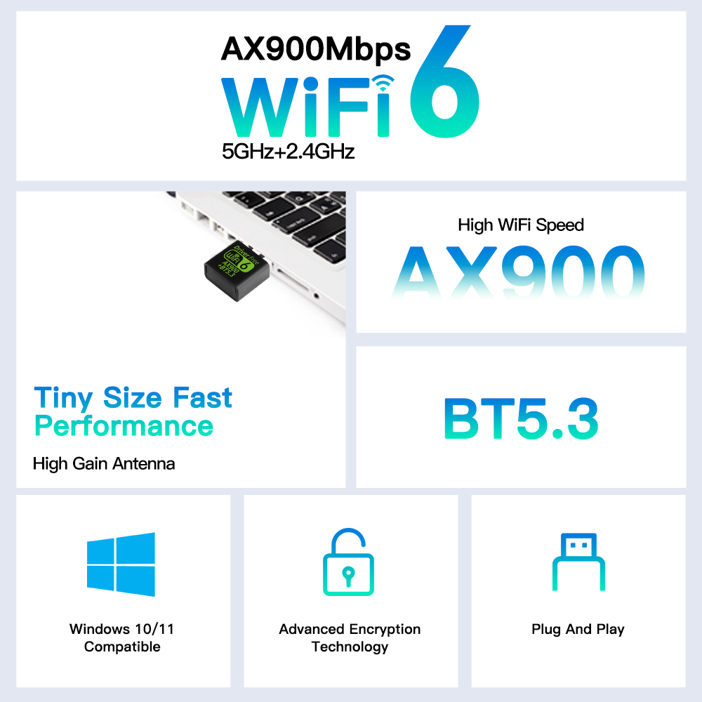 Wifi 6 ax900 bluetooth 5.3 wifi adaptador usb sem fio banda dupla 2.4g & 5ghz antena wi-fi usb para pc/laptop win10/11 driver livre