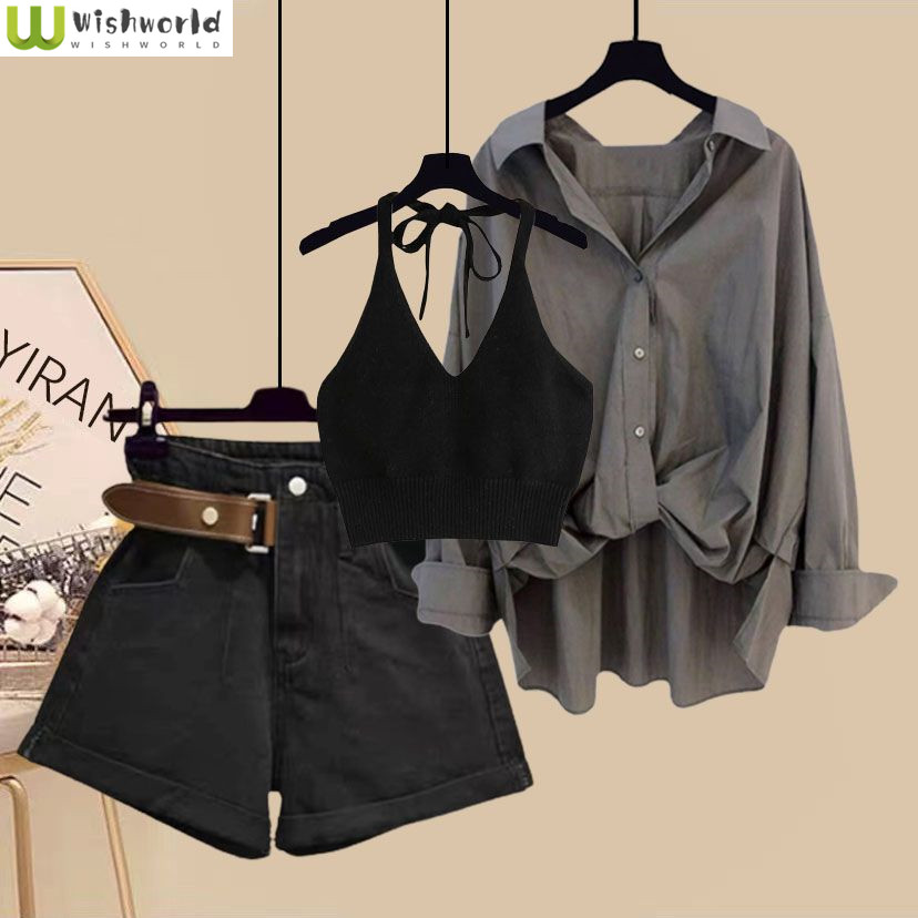 Forår/sommer sæt damesæt i western-stil, slankende, sexet tanktop, afslappet skjorte, aldersreducerende denimshorts med tre dele