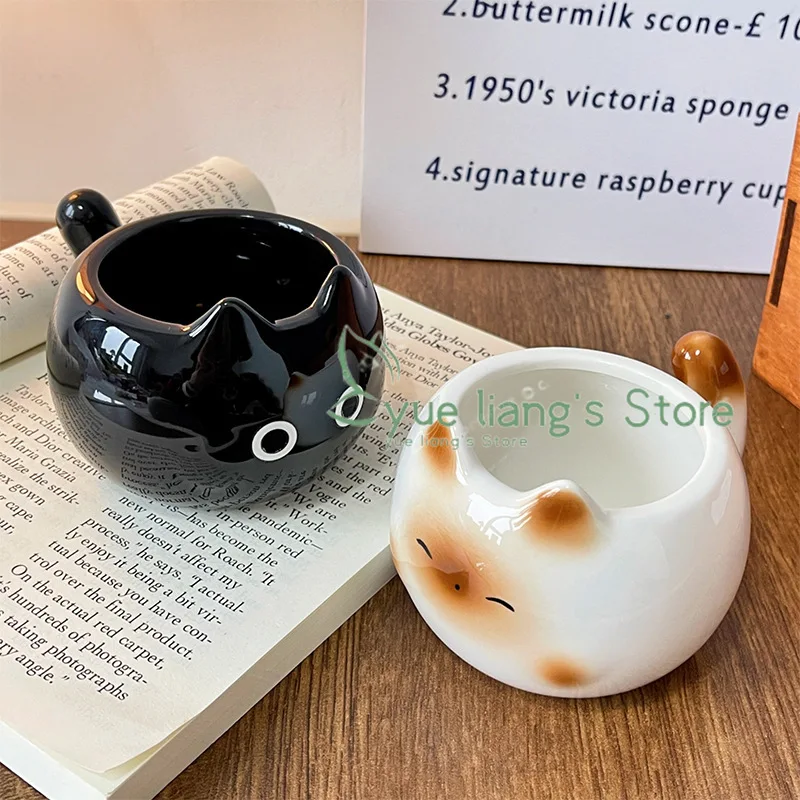 Taza de gato siamés, taza de cerámica de dibujos animados con tapa, cuchara, taza de agua, taza para pareja, divertido para cumpleaños de amigos