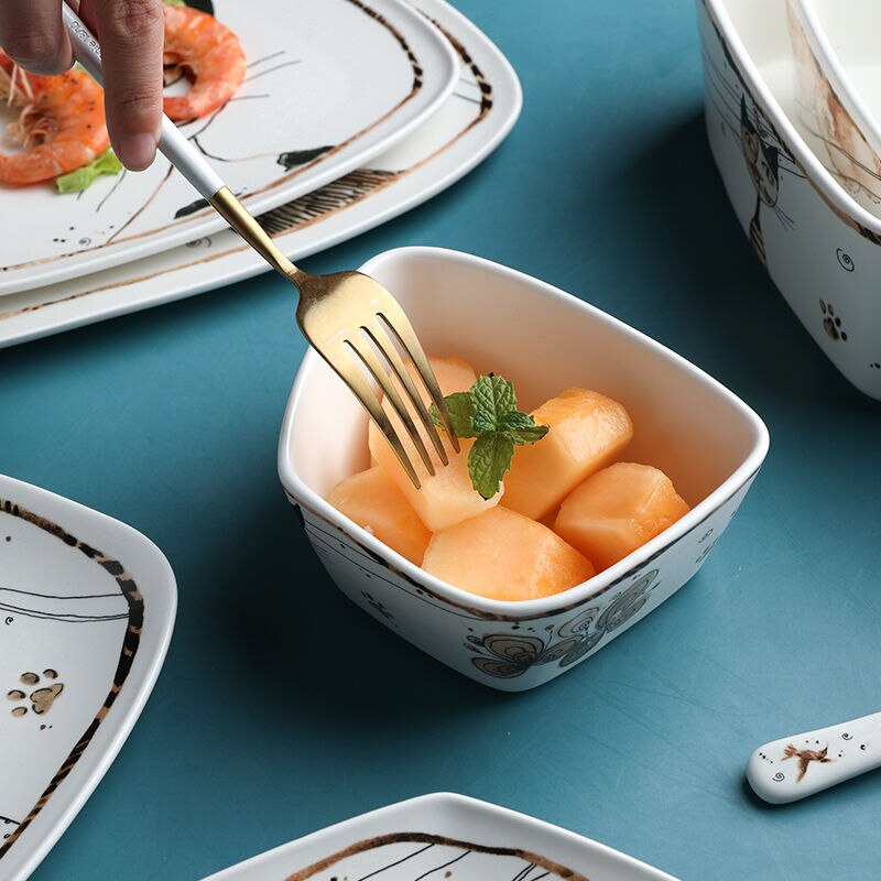 Tazones de cerámica con dibujos de gatos, vajilla y platos para el hogar, sopa, fideos, fruta, carne, porcelana, plato especial, juego de vajilla