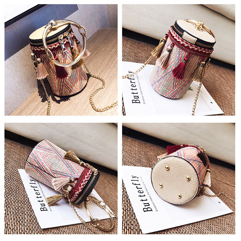 Quaste Frauen Armbänder Eimer Metall Ring Griff Tragetaschen Schulter Ketten Umhängetaschen Nationalen Striped Zipper Weibliche Handtasche