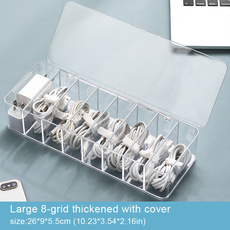 The transparent plastic Data Cable Storage Box household cable MobilePhone Charger Charging Cable Finishing Box Divided Grid Box: Blue