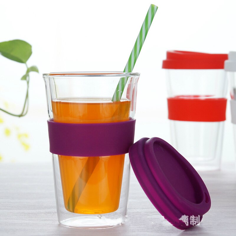 400ml genomskinliga kaffekoppar med silikonöverdrag tjockt dubbelglas resekaffemugg resemugg med lock modern