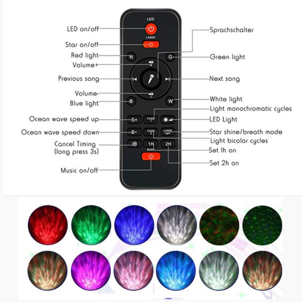 LED Star Projector Night Light Galaxy Starry Night Lamp Remote Control Ocean Wave Projector Remote Control Black