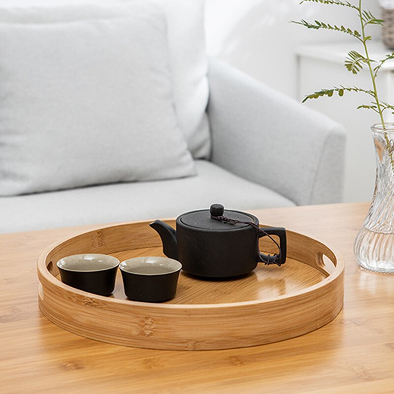 Bandeja redonda de madera de bambú para servir, accesorio para el hogar, bandejas para cena, barra de té, desayuno, contenedor de comida, bandeja de almacenamiento con asa