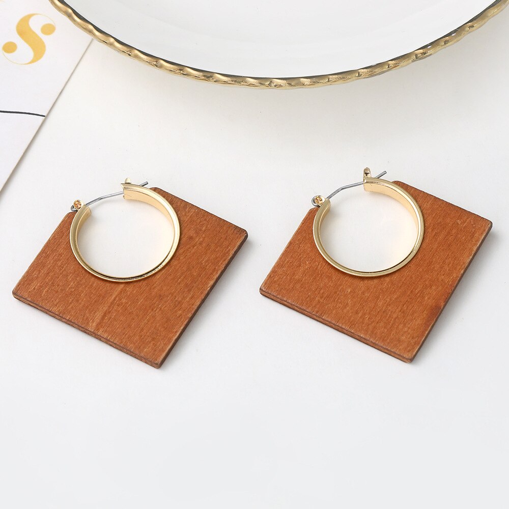 Pendientes de aro cuadrados de madera con formas geométricas para mujer, aretes de aro cuadrados de madera para mujer, joyería de de boda, Orecchino: es1061