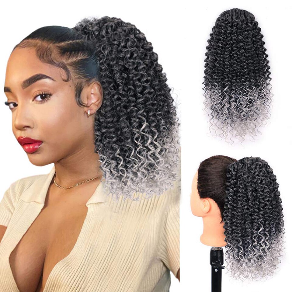 Coleta larga y rizada Afro vigorosa para extensiones de cabello, coleta sintética afroamericana con cordón, Clip: Gray