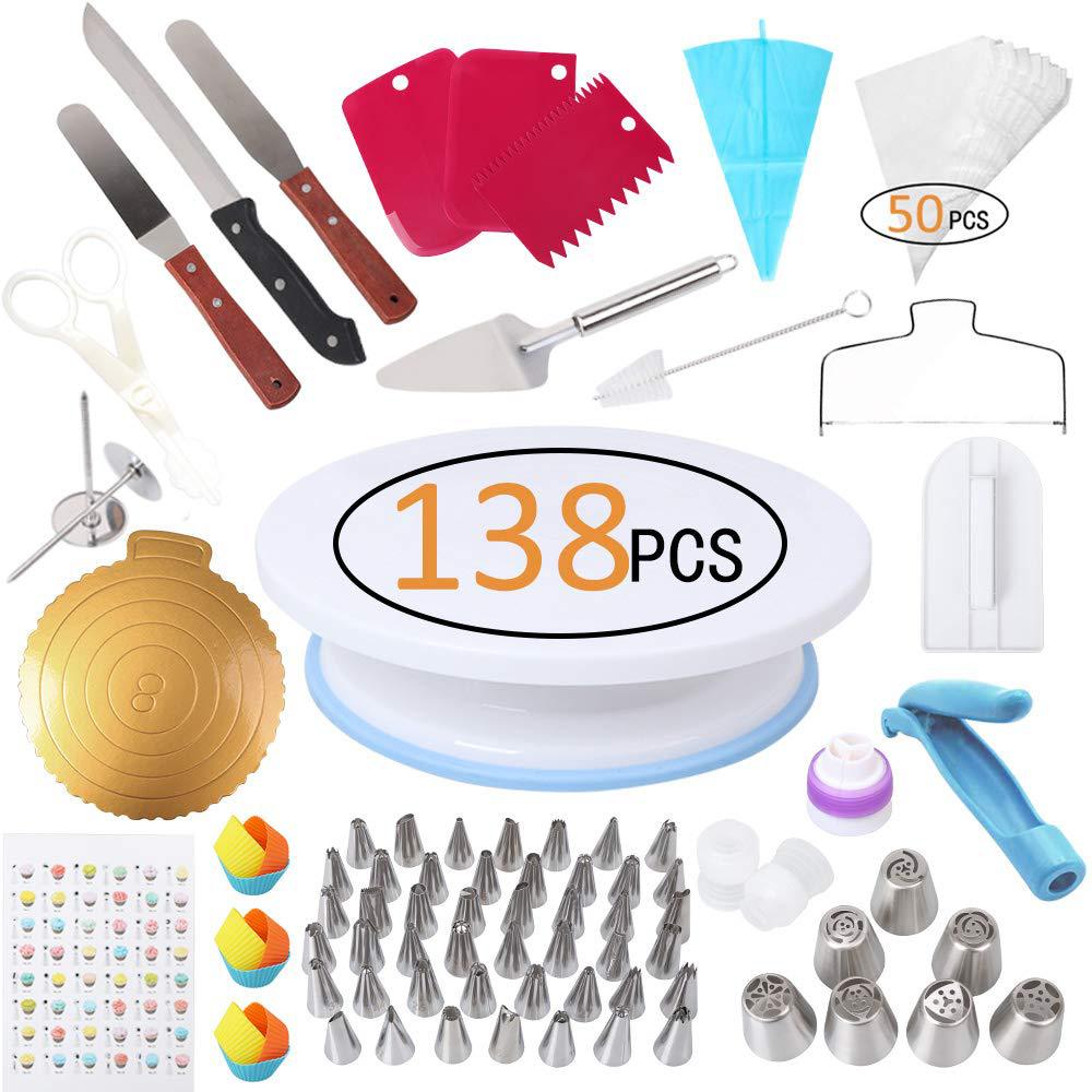 138 Stks/set Cake Decorating Gereedschap Draaitafel Stand Icing Tips Nozzle Spatel Mat Piping Tips Cake Stencil: Default Title