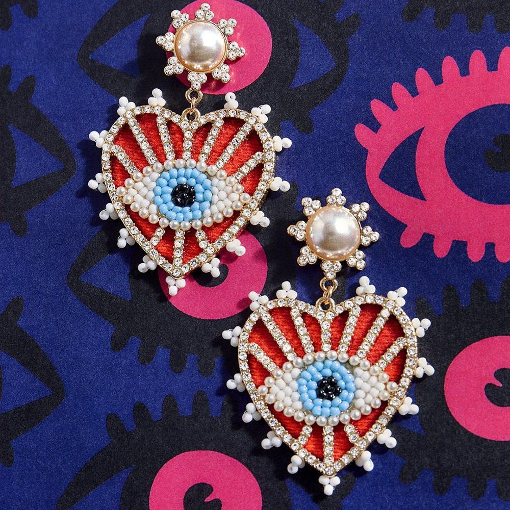 Crystal Evil Eye Earrings Boho Geometric Big Heart Statement Earrings Female Beaded Brincos