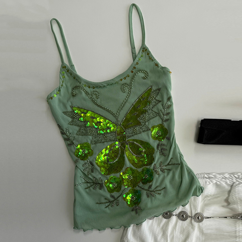 Sequin Beaded Crop Tops Coquette Multi-layers Sleeveless Camis Sparkly Glitter Tank Top Women Y2k Fiary Going Out Vest