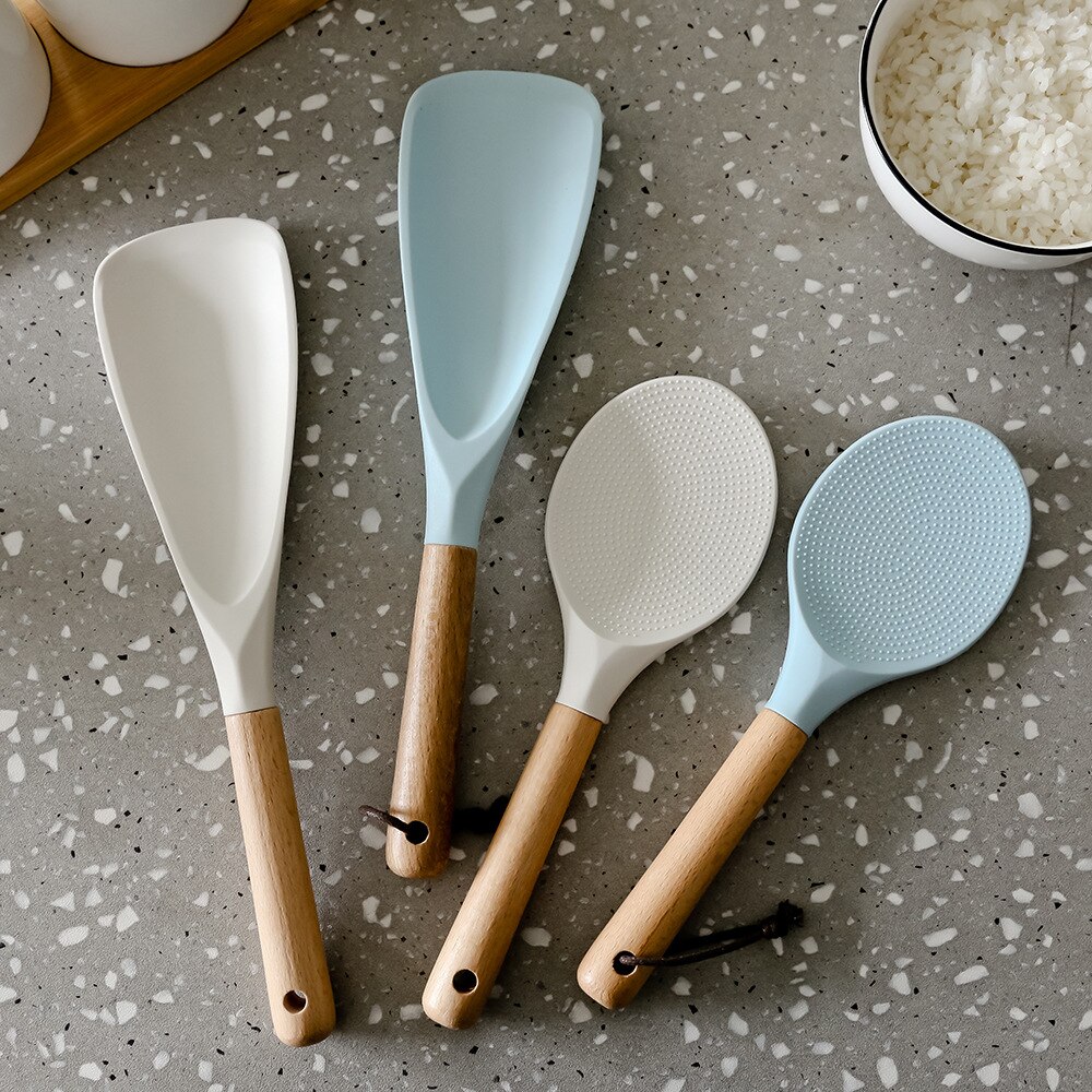 Utensilios de cocina simples de estilo japonés, cuchara de silicona para arroz, cuchara antiadherente, pala para arroz, herramientas con mango de madera ZB643