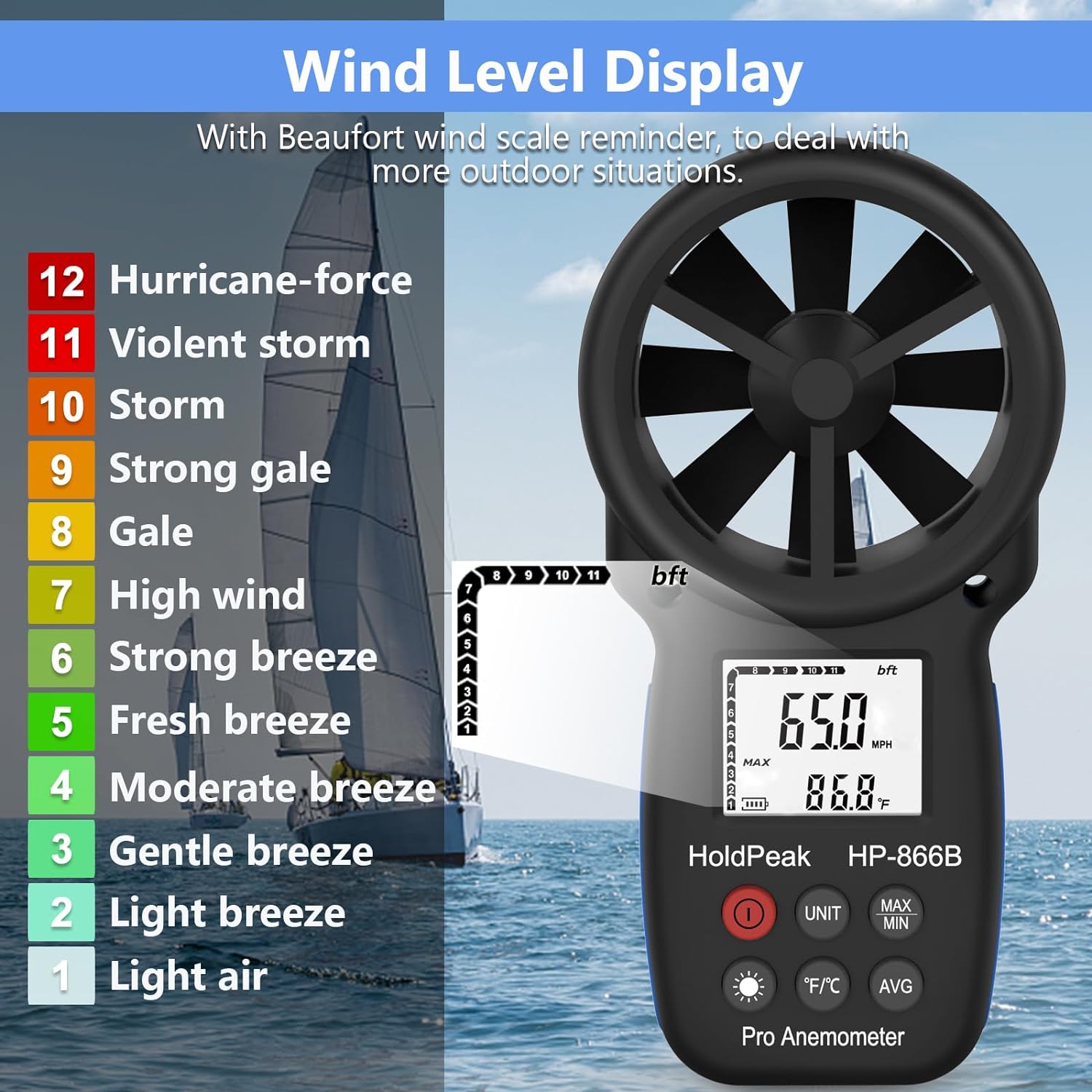 HoldPeak HP-866B Digital Anemometer Handheld Wind Speed Meter for Measuring Wind Speed Temperature and Wind Chill with Backlight