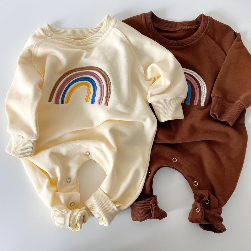 Bebê macacão bordado arco-íris macacão infantil meninas meninos roupas outono algodão bebê manga longa arco-íris macacão