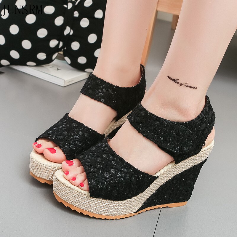 Zomer Frosted Wig Vis Mond Sandalen Vrouwen Comfortabele Hoge Hak Platform Platform Open Teen Schoenen