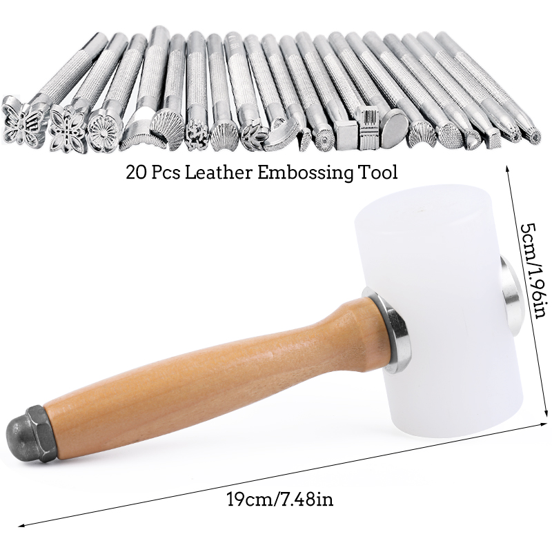 LMDZ Leather Carving Tool Set With Wooden Handle Nylon Hammer And 20Pcs Different Shape Leather Stamping Tools For Leather Craft