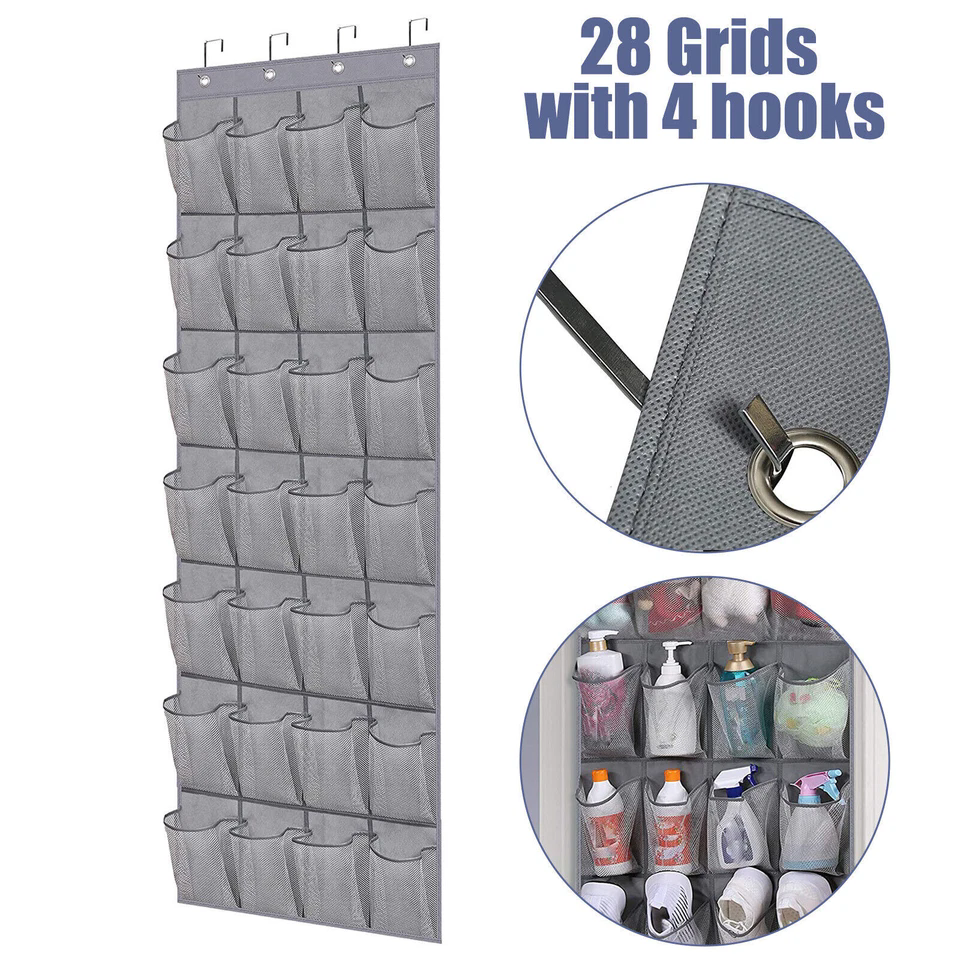 Over The Door Shoe Organizer 28 Pockets Hanging Storage Holder Hanger Bag Closet: GRAY COLOR