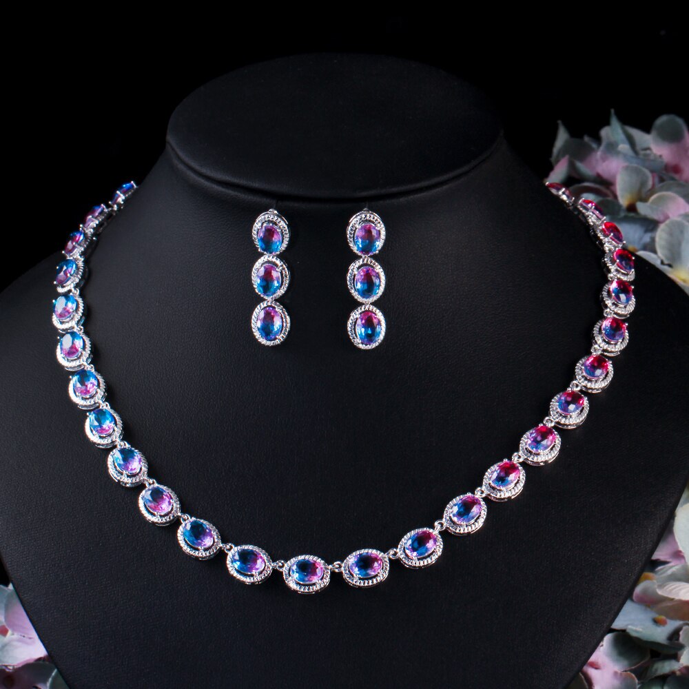 CWWZircons SchöNe Regenbogen CZ Mystischen Stein Runde Tropfen Frauen Partei Halskette Ohrringe Braut Hochzeit Schmuck setzt T520