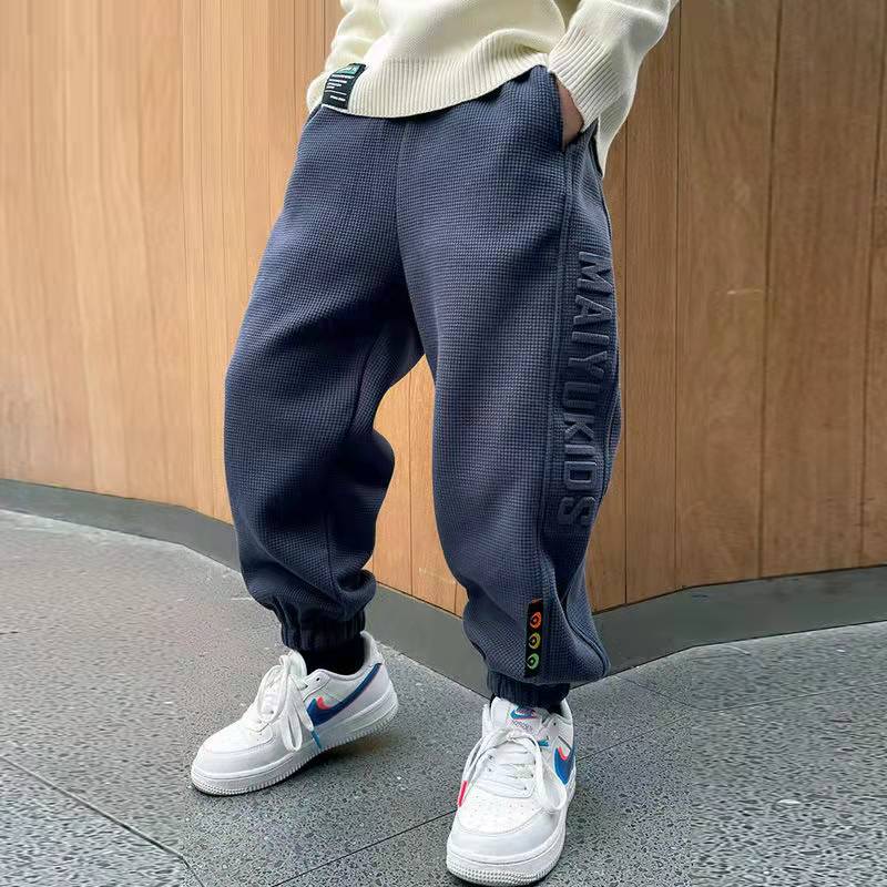 Boy Pants Children's Spring Autumn Letter Embossing Textured Knit Ankle-Tied Trousers Kids Clothing Child Pants Boys: Blue / 100cm