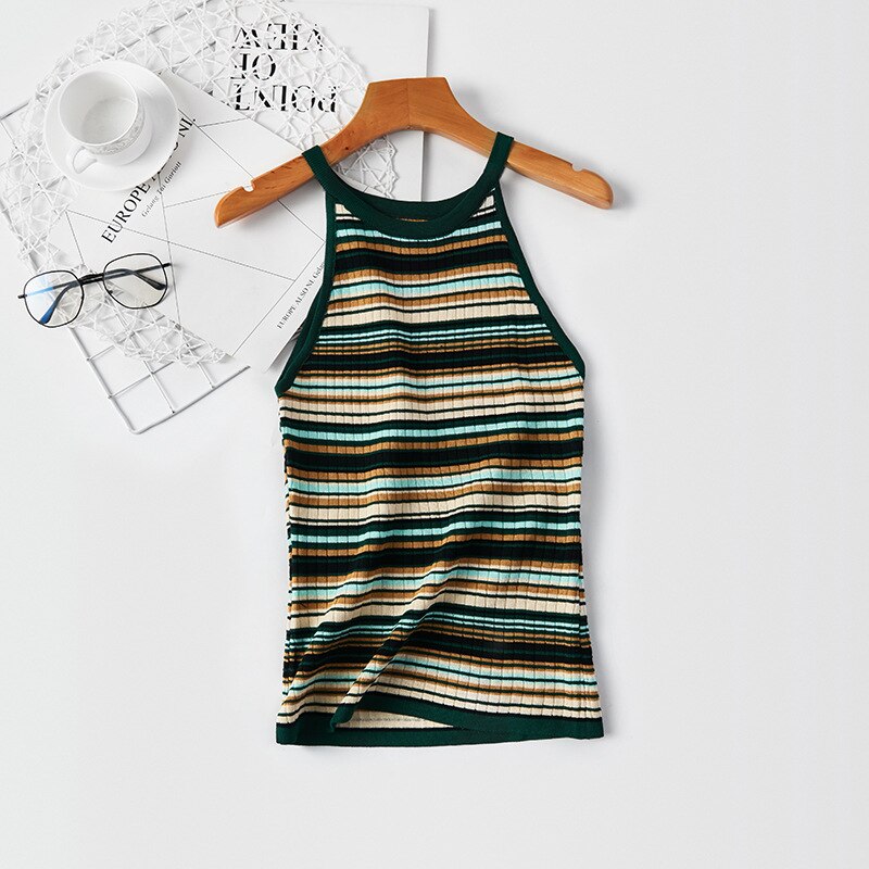 Sommer strikket stribet sweater kvinder tank tops kvinder afslappet ærmeløs grime top kvindelig kontor dame: Grøn