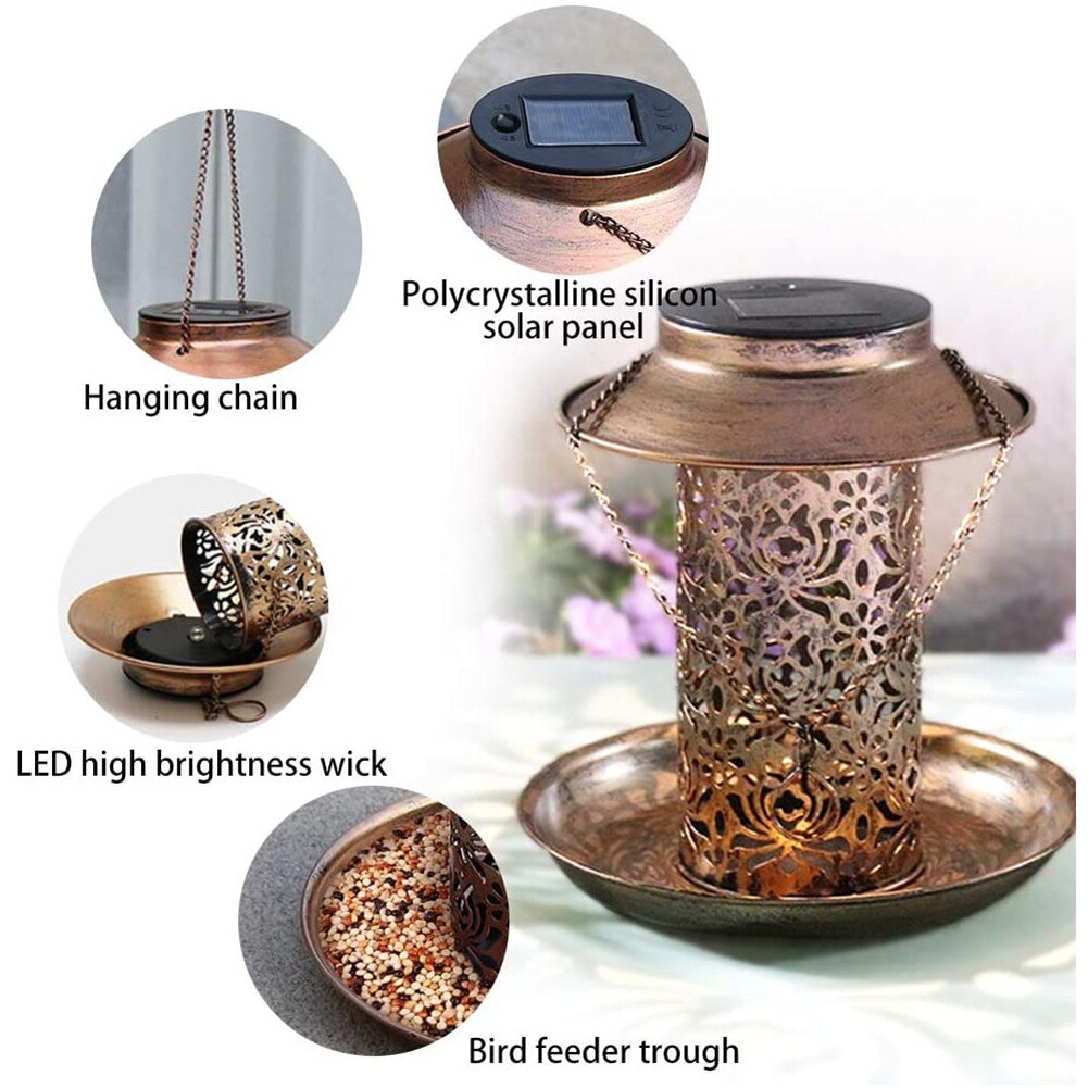 Metal Bird Feeder Outdoor Hanging Bird Food Holder Solar Lawn Lamp Garden Decor Multifunction Practical LED Night Light