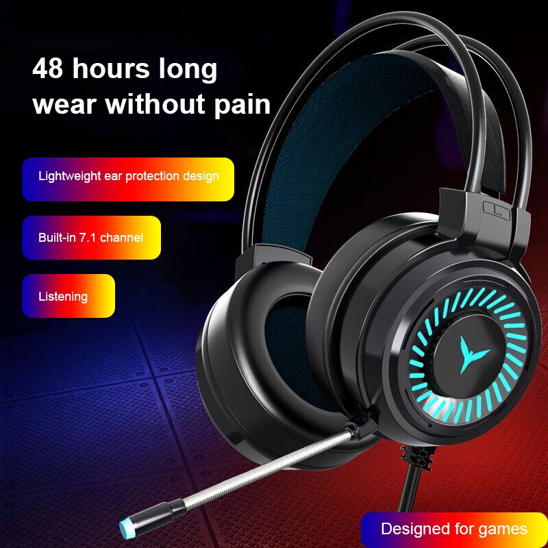 Gaming Headsets Gamer Headphones Surround Sound Stereo Wired Earphones USB Microphone Colourful Light PC Laptop Game Headset