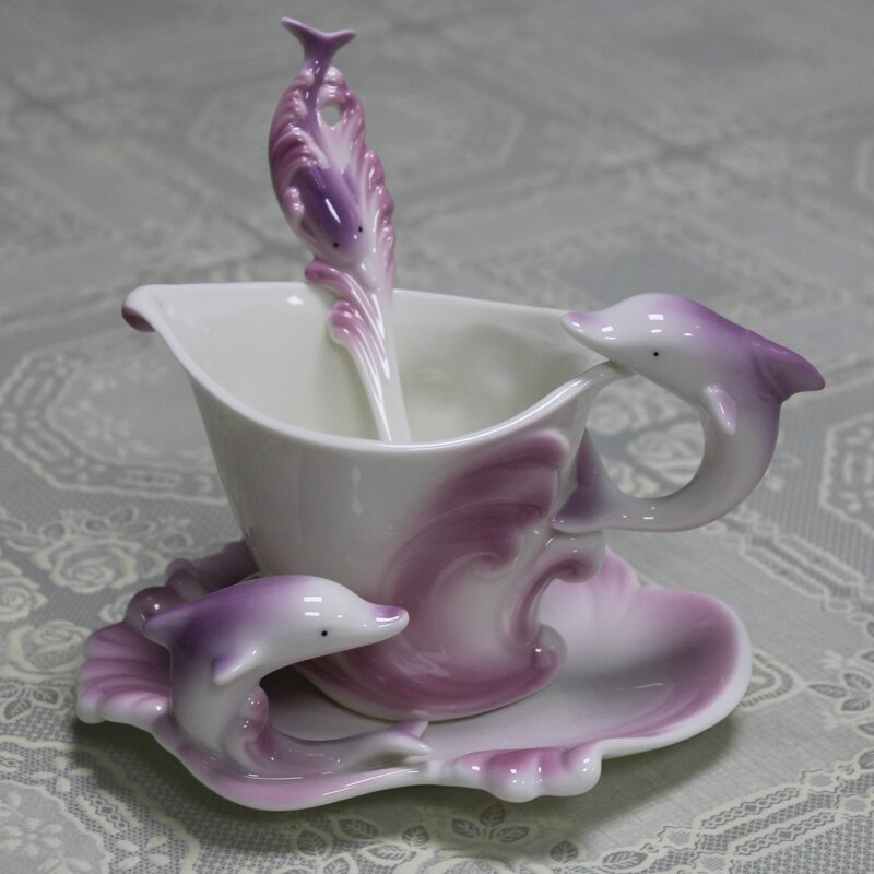 Dolfijn Cup Met Schotel Lepel Set 3D Creatieve Keramiek Koffie Thee Mokken Ontbijt Water Kerst Brithaday