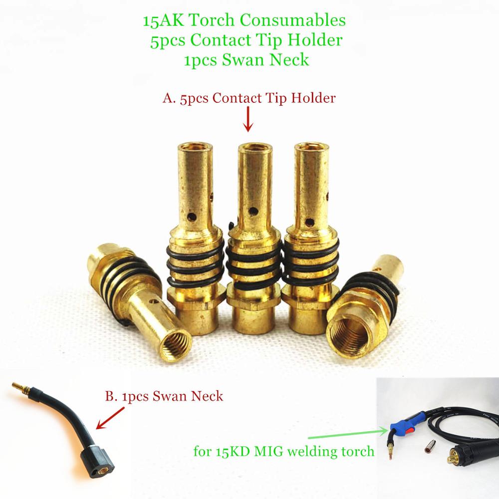 15AK Torch Consumables 5pcs Contact Tip Holder 1pcs Swan Neck Gas Nozzle Holder with Nozzle Spring for MIG Welding Torch