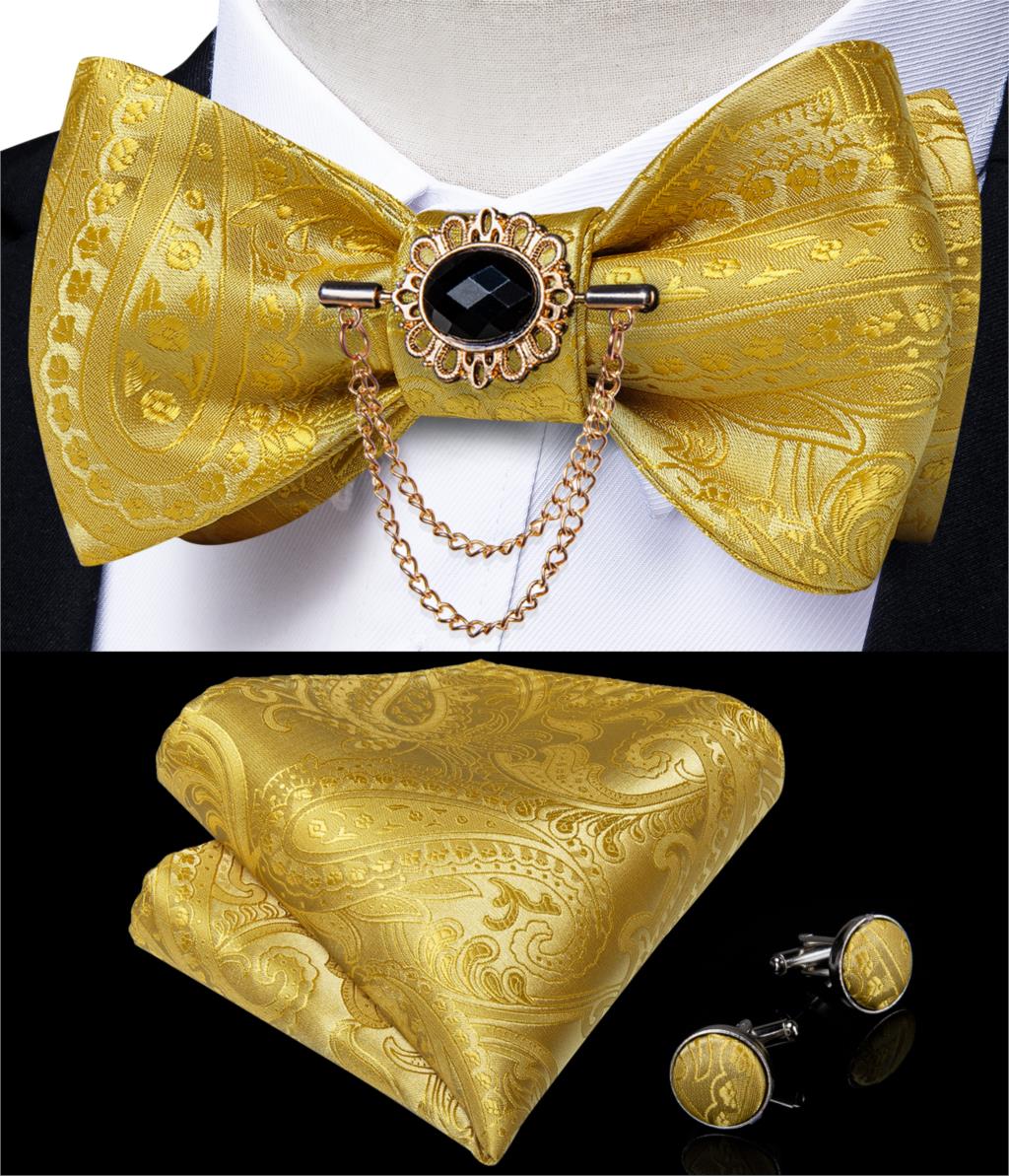 Luxury Gold Black Paisley Self Tie Men&#39;s Bow Tie Silk Woven Wedding Party Butterfly Ties Hanky Brooch Pin Set Tuxedo Bow DiBanGu: HL-3018-0009