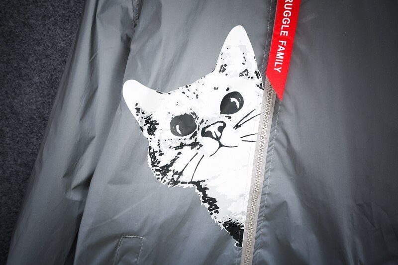 Reflexjacka herr katt hip hop rolig ficka huva vattentät män dam streetwear vindjacka glänsande jackor harajuku rockar
