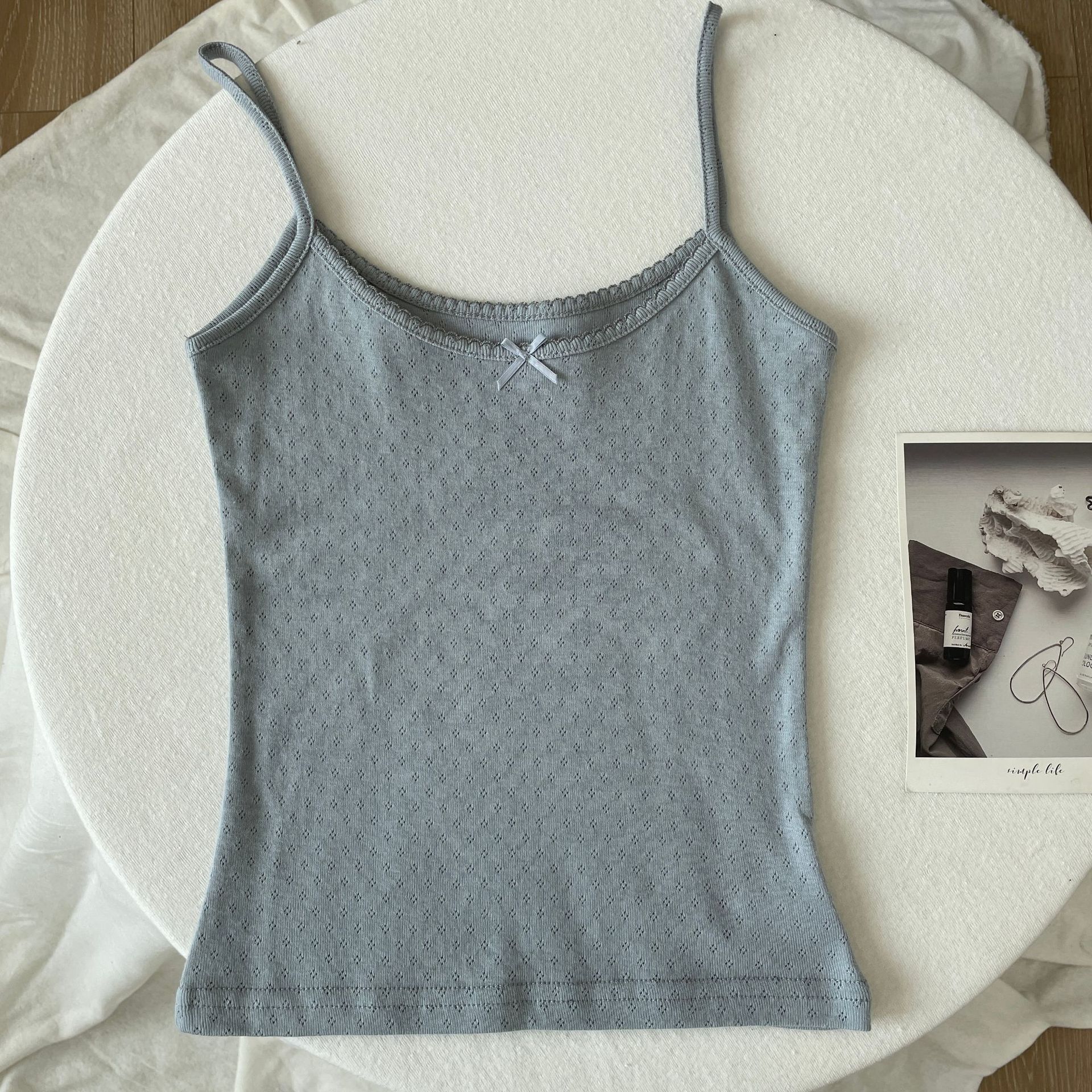 Tops cortos de algodón con lazo y ojales florales para mujer, Top sin mangas ajustado con adornos de encaje, camisola dulce de estilo Preppy, ropa Y2k: Naranja
