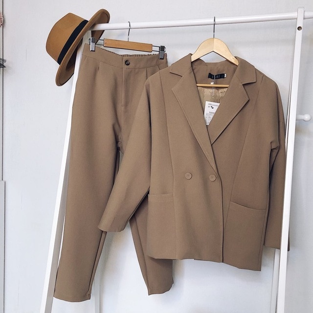 Women sets Casual Solid Women Suits Pant Notched Collar Blazer Jacket Coats& Pencil Pant Khaki Female Suit Two Piece Autumn