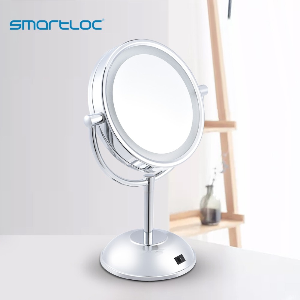 smartloc 2 Face Iron LED Lights Bathroom Stand Round Mirror Makeup 5X Magnifying Bath Make up Cosmetic Vanity Smart Wall