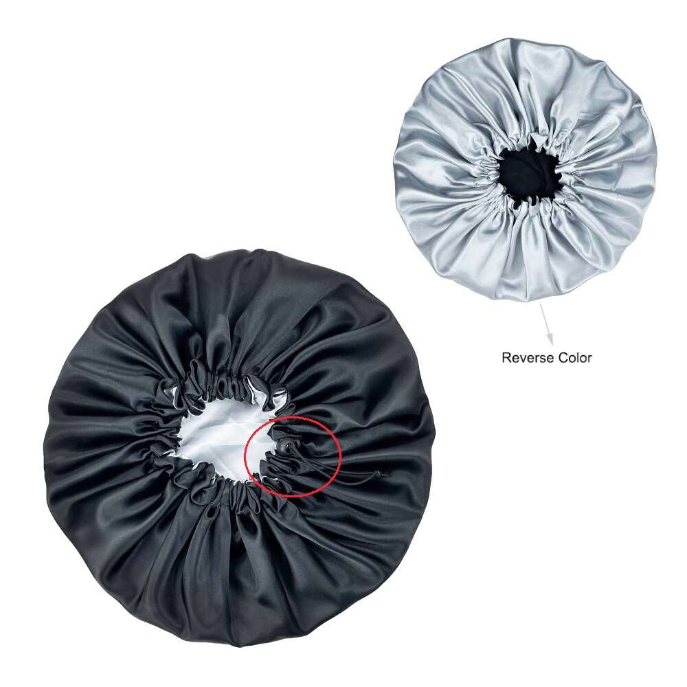 Effen Kleur Omkeerbaar Zijdeachtig Satijn Motorkap Dubbele Laag Slaap Night Cap Head Cover Motorkap Hoed Voor Voor Krullend Veerkrachtig Hair zwart: style256-black