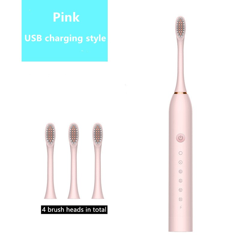 Sonic elektrisk tandborste 6 lägen usb laddare ipx 7 vattentät vuxen timer borste tandborstar utbyte huvuden tandblekning: Ys025- rosa