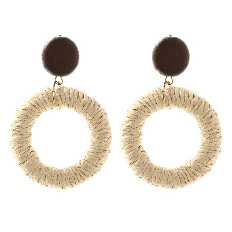 Simple Trendy Boho Handmade Round Vine Rattan Straw Woven Earrings For Women Bohemian Wooden Dangle Earring Jewelry: E0376-1