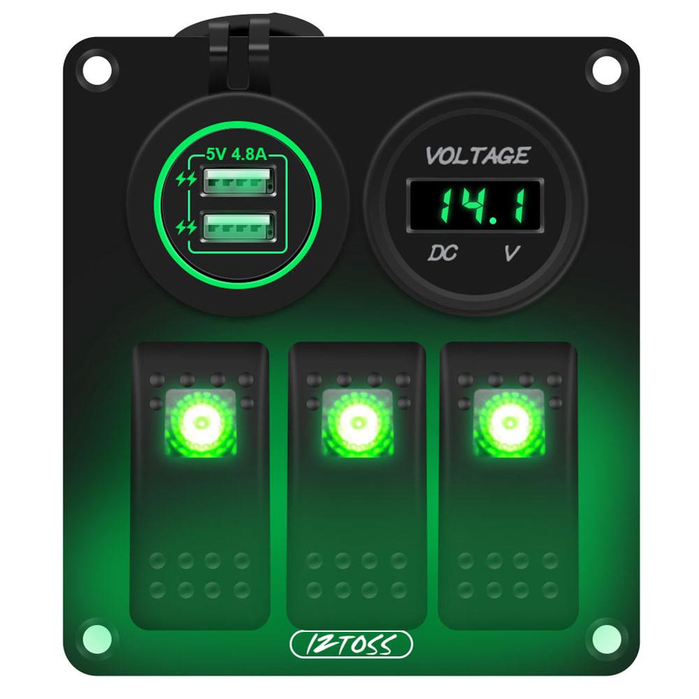 3 Gang Aluminium Rocker Switch Panel 12V Met Digitale Voltmeter En 4.8A Dual Usb Lader Waterdicht Voor Boot Marine auto Rv: Green Light