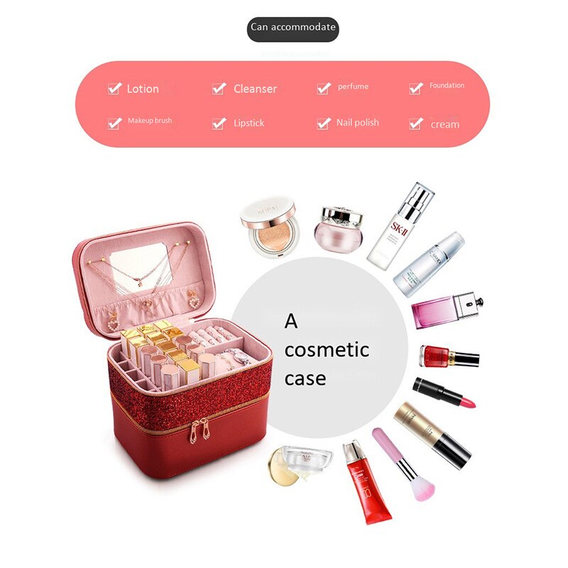 Smykker arrangør smykkeskrin høj kapacitet smykker kiste makeup opbevaring makeup arrangør læder skønhed rejse box-abux